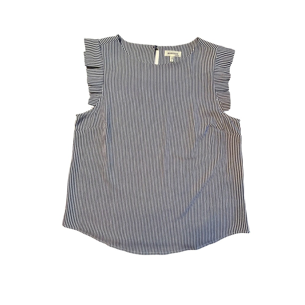 Monteau Los Angeles Striped‎ Ruffle Top L Blue White Preppy Nautical Mod Office